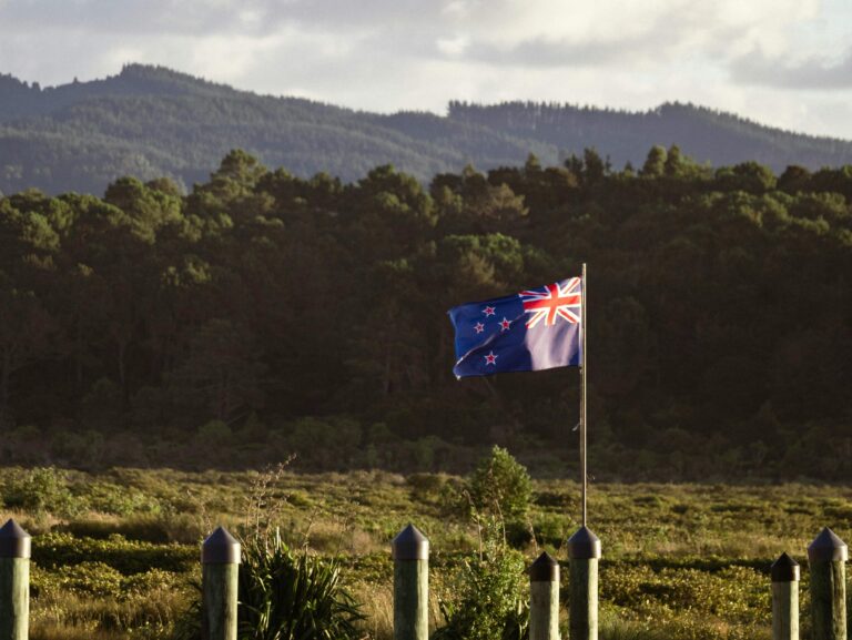 A New Zealand flag waves against a backdrop of lush forests and mountains, symbolizing national pride.