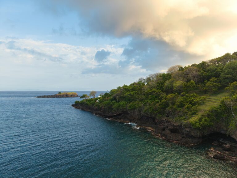 Lush green cliffs meeting the ocean under a dramatic sunset sky in Bali, Indonesia.